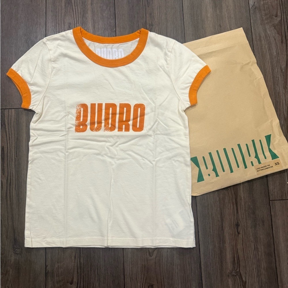 BUDRO Logo Ringer Tee XS Butter Clementine Retro 90s Athletic Shirt Made USA NWT